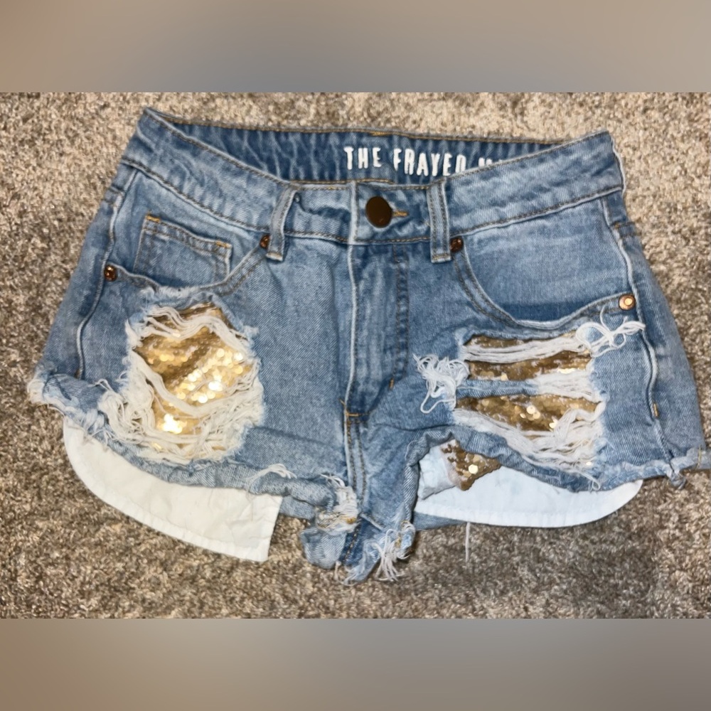 H&M Saturday Shorts The Frayed Mid Rise Sequin Pockets Blue Size 2